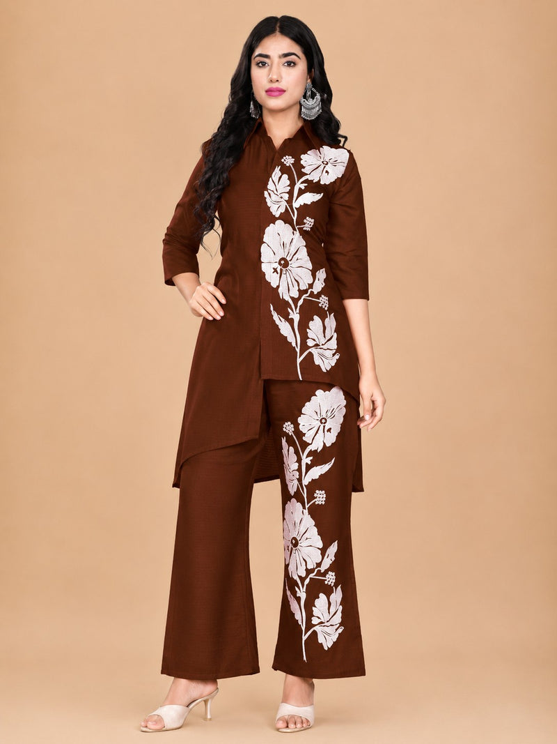 Women's Brown Floral Printed Cordset