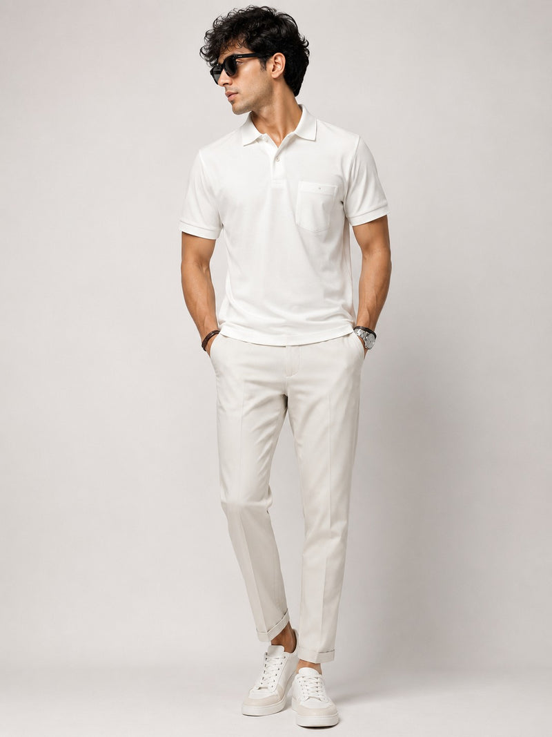 Men's White Lycra Solid Polo T-Shirt