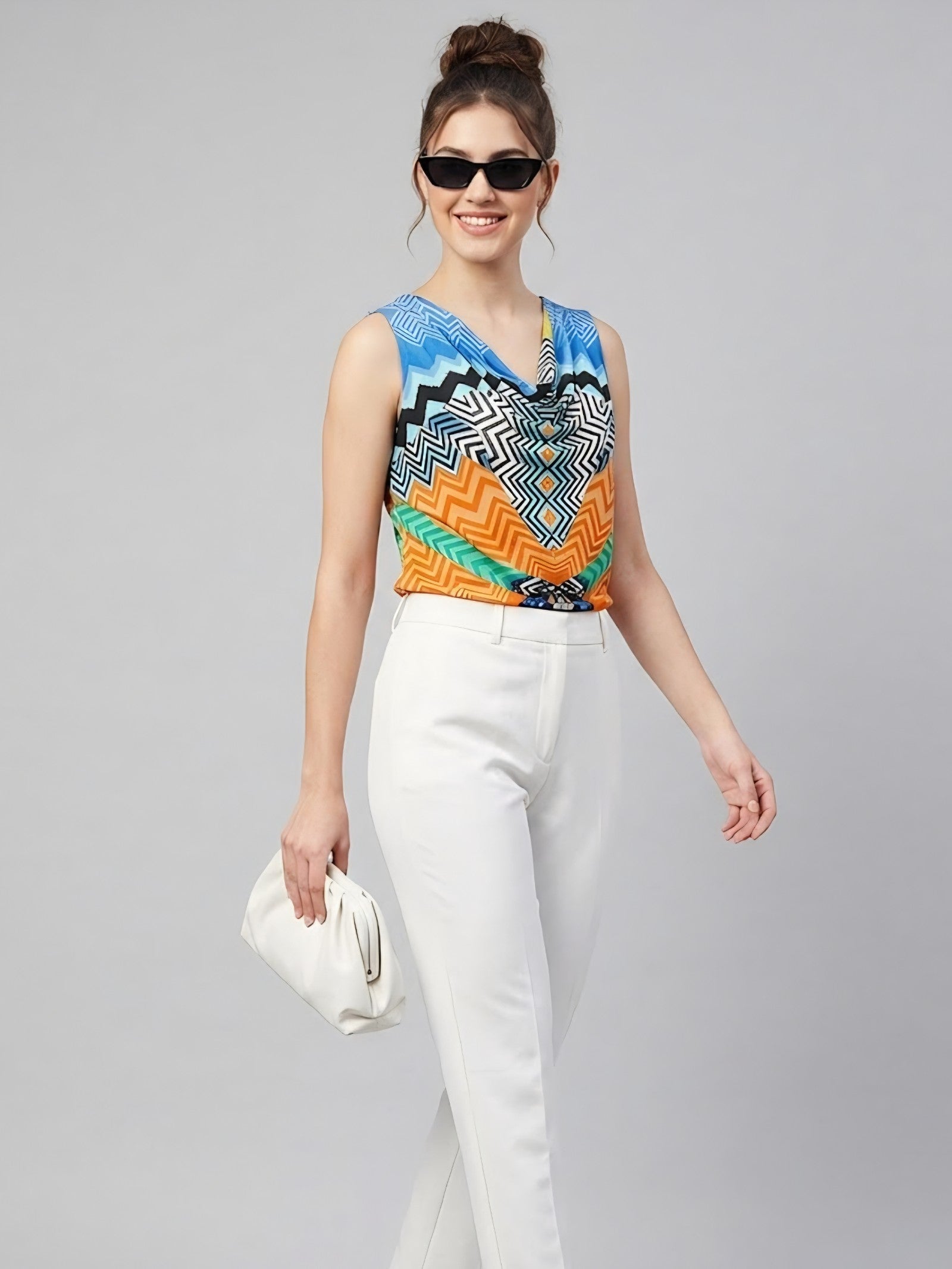 Abstract Print Cowl Neck Sleeveless Blouse Top