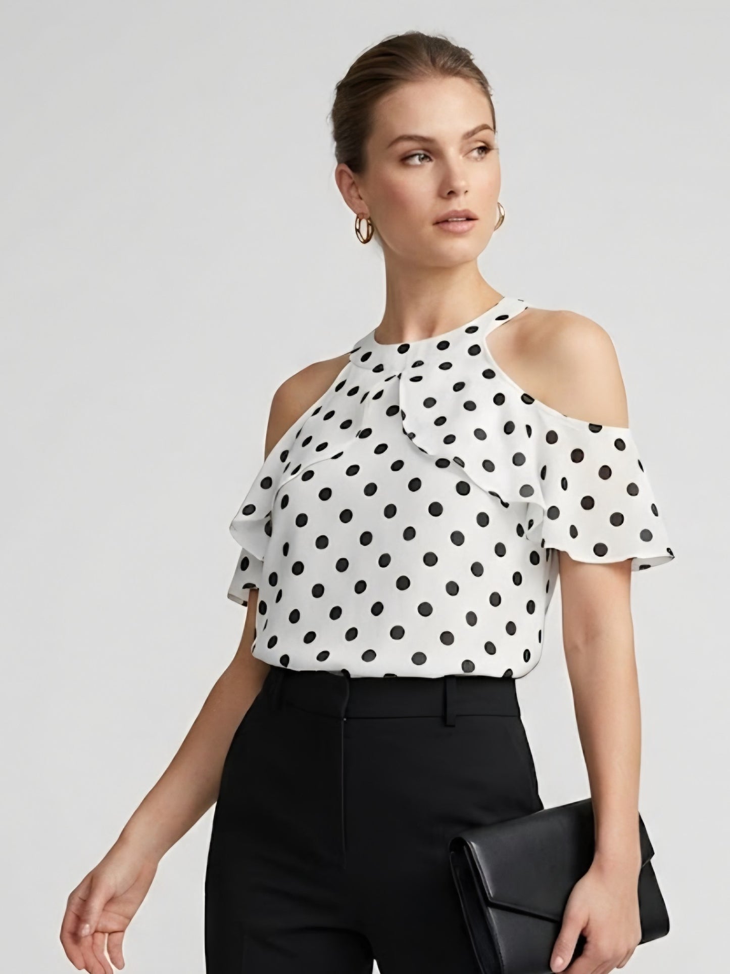 Polka Dot Cold Shoulder Ruffle Top