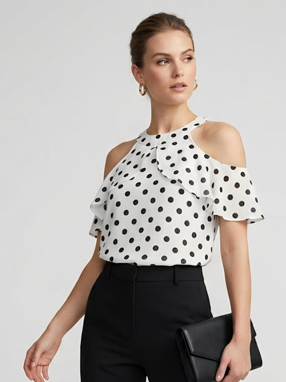 Polka Dot Cold Shoulder Ruffle Top