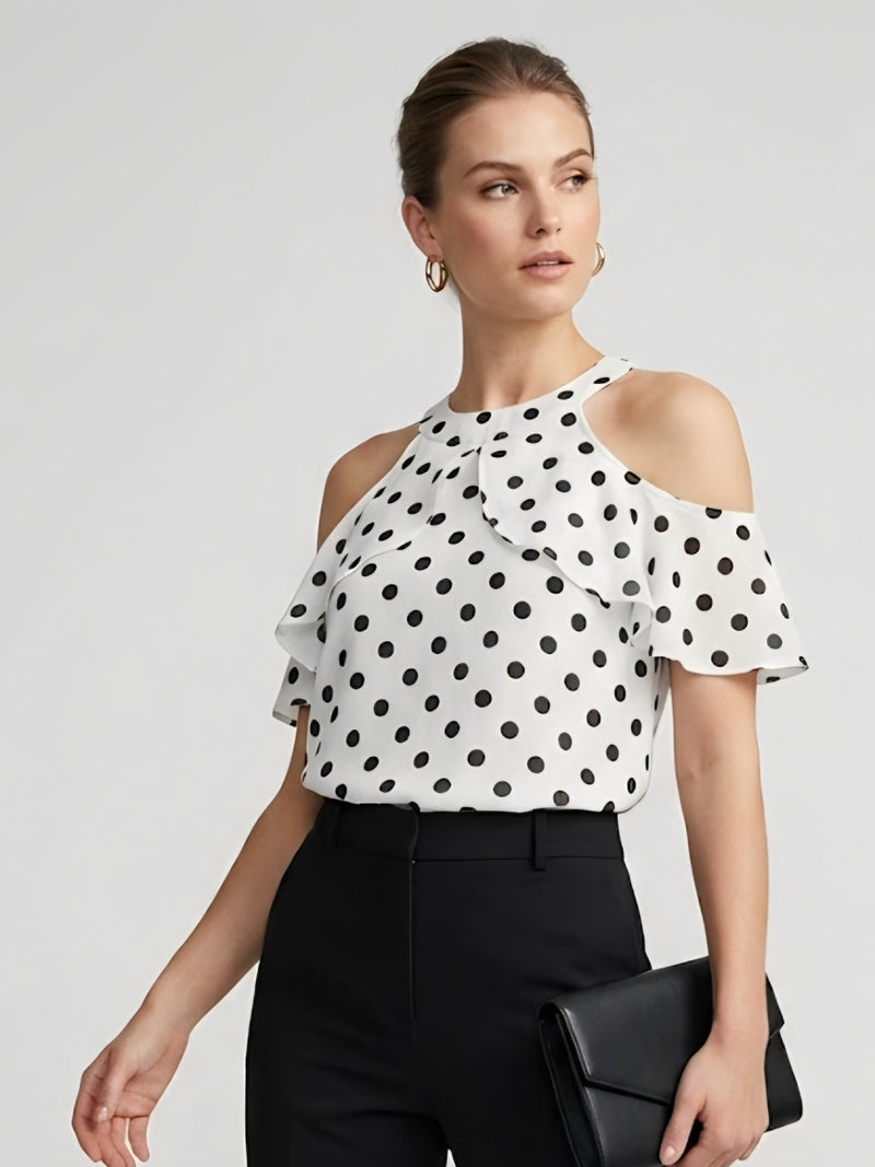 Polka Dot Cold Shoulder Ruffle Top