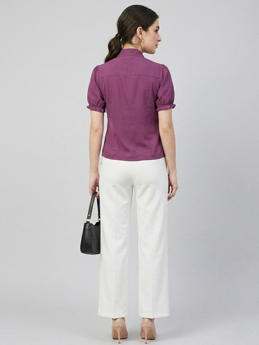 Purple Bow-Tie Neck Short Sleeve Top
