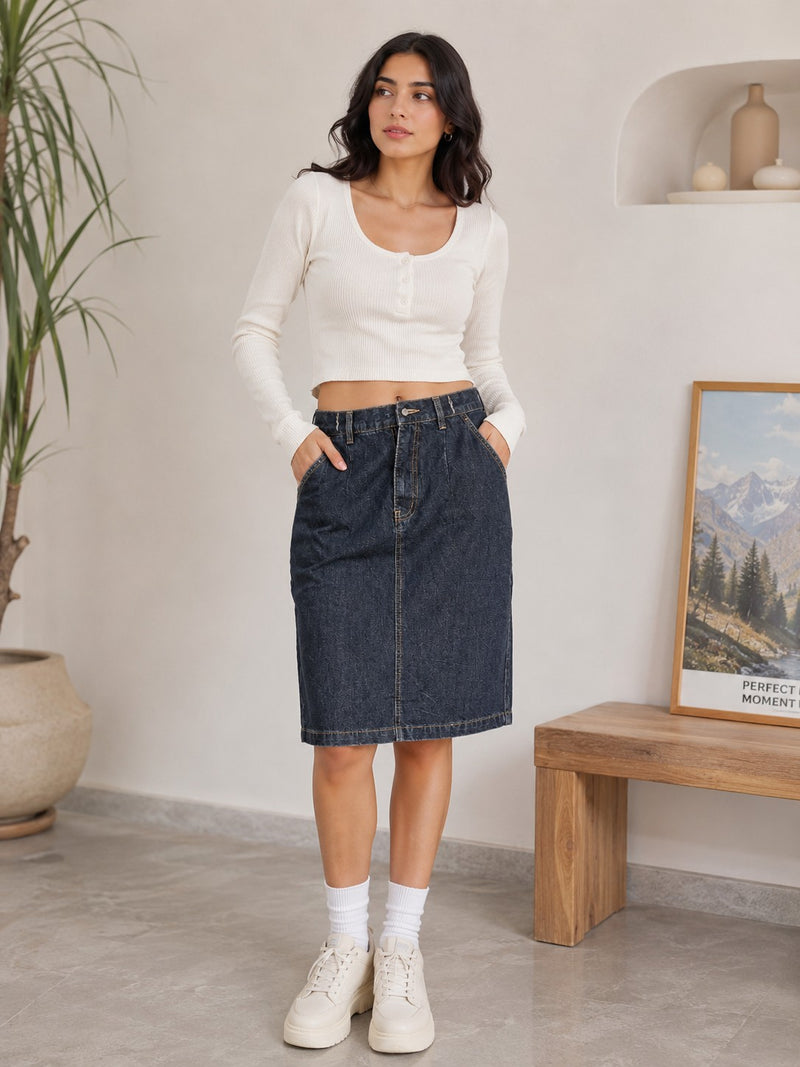 Women's Dark Wash Denim Midi Skirt