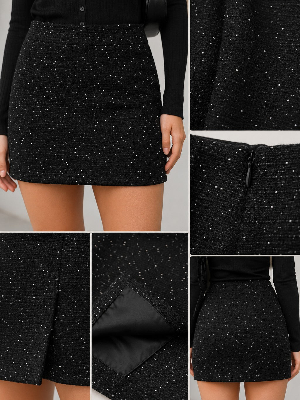 Women's Black Embellished Mini Skirt with Side Slit
