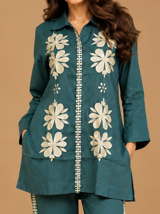 Women's Teal Floral Embroidered Premium Co-ord Set