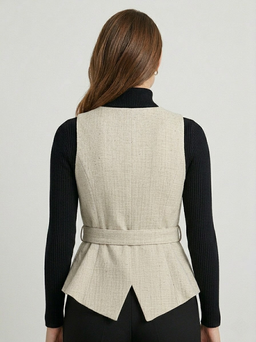 Women's Beige Textured Belted Peplum Waistcoat Vest
