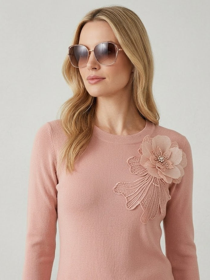 Women’s Blush Pink Floral Appliqué Knit Top – Elegant Round Neck Sweater