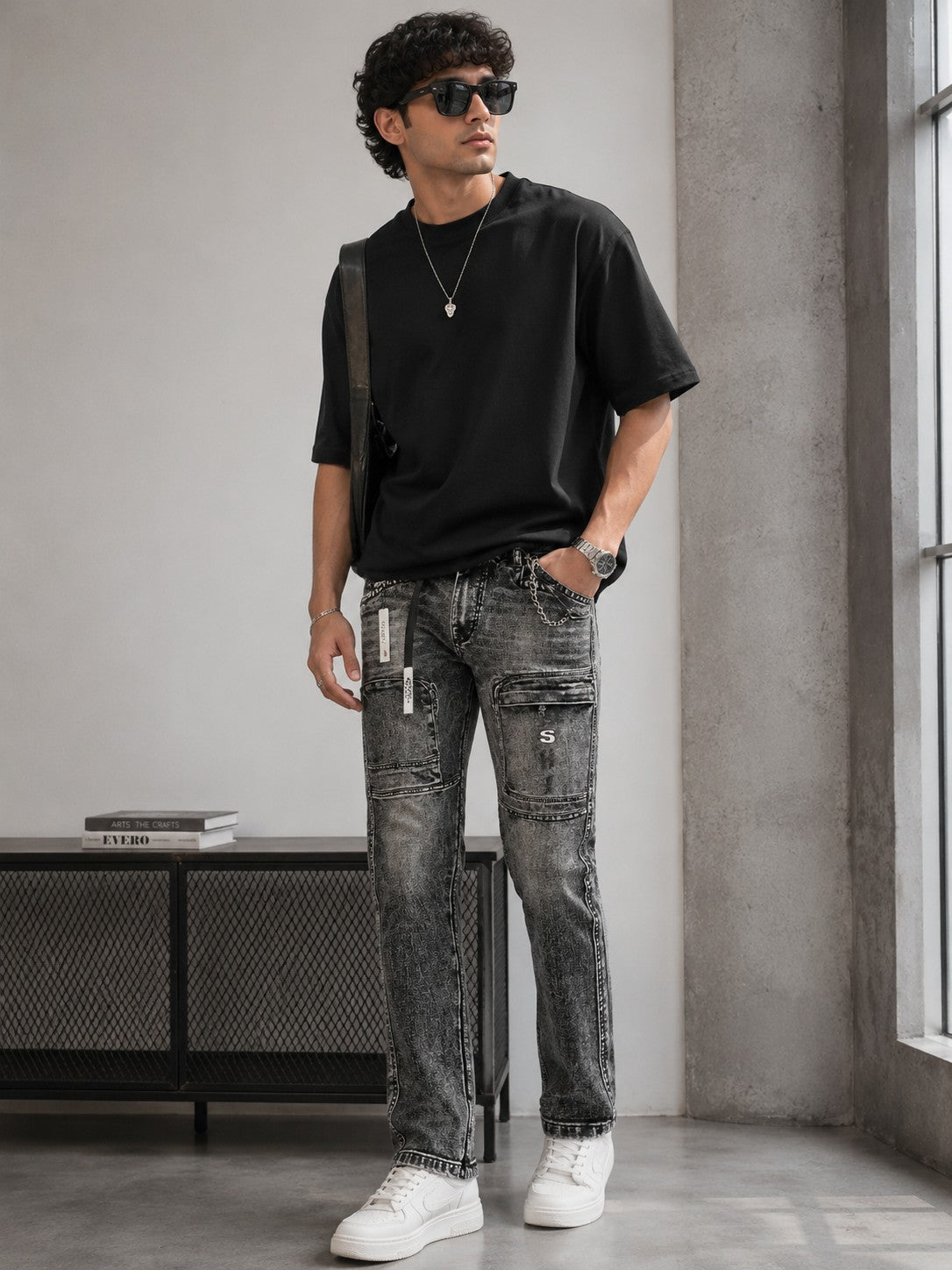 Men's Washed Grey Utility Denim Jeans