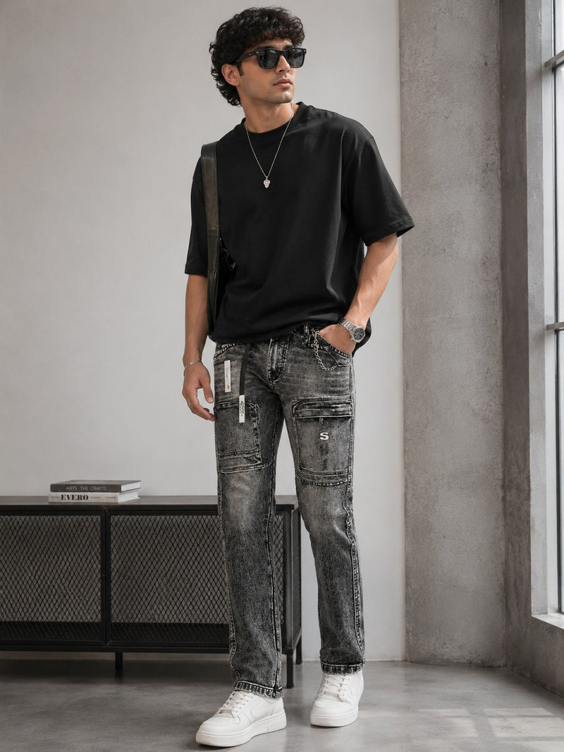 Men's Washed Grey Utility Denim Jeans