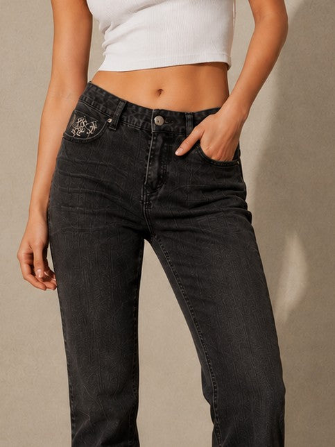 Women's Charcoal Black Bootcut Jeans with Embroidered Pockets