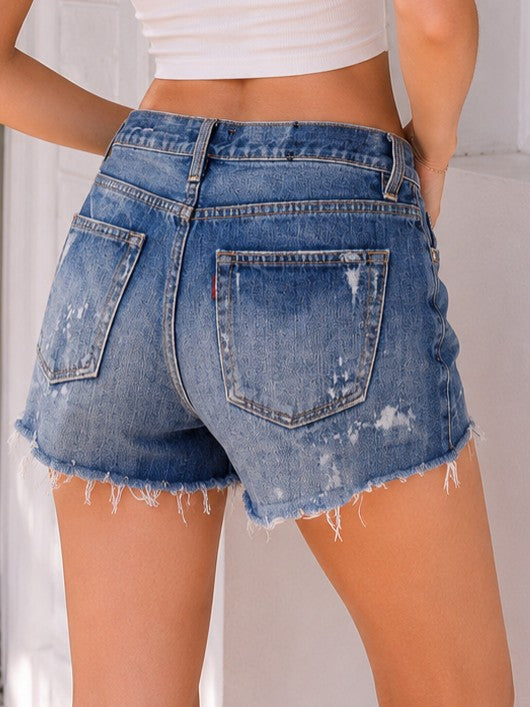 Women’s Dark Wash Distressed Denim Shorts | High-Rise Frayed Hem Casual Summer Shorts