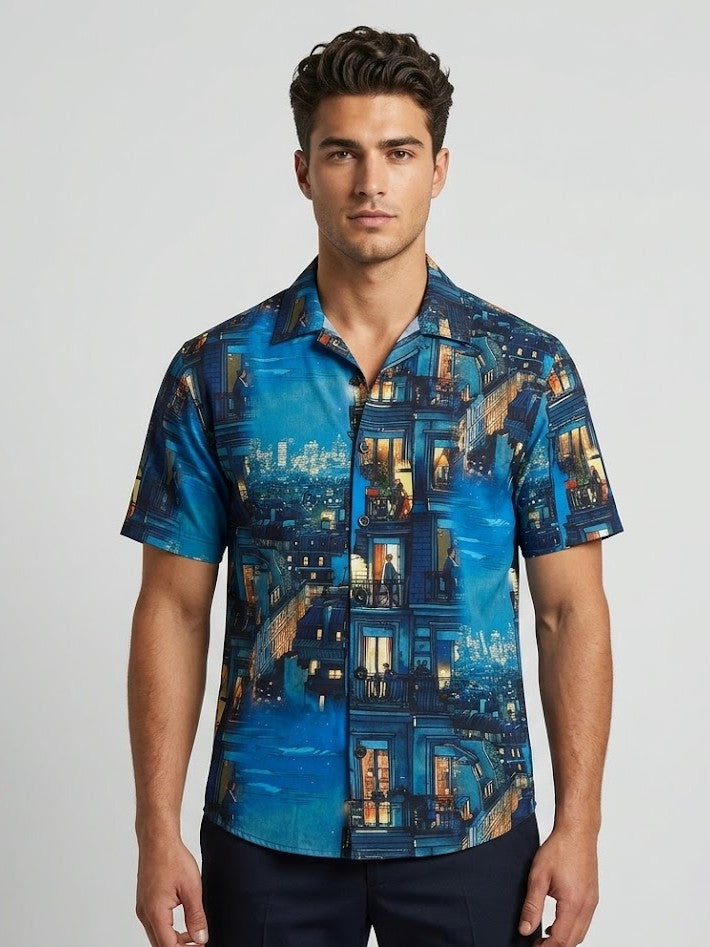 Blue Cityscape Printed Half Sleeve Shirt for Men