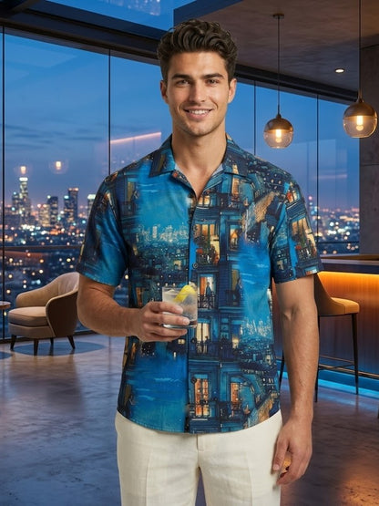 Blue Cityscape Printed Half Sleeve Shirt for Men