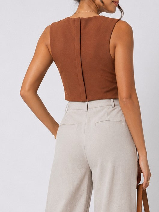 Women Brown Sleeveless V-Neck Asymmetric Hem Crop Top
