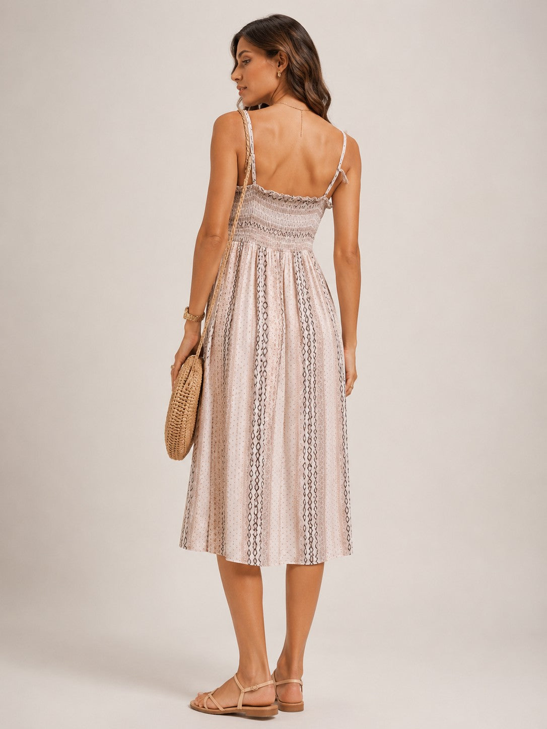 Women Beige Geometric Print Sleeveless Surplice V-Neck Knee Length Dress