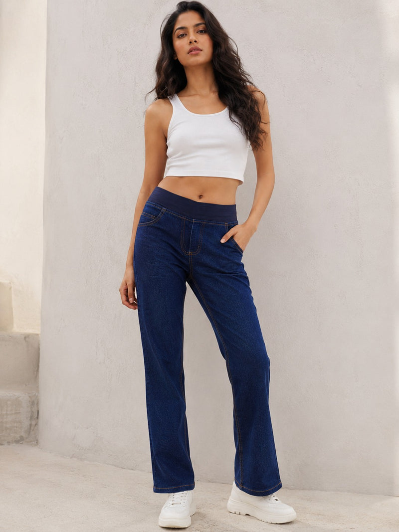 Women's Elastic High-Waist Comfort Jegging Jeans in Dark Indigo Blue