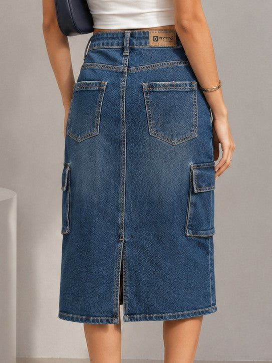 Women's Blue Denim Cargo Midi Skirt with Utility Pockets