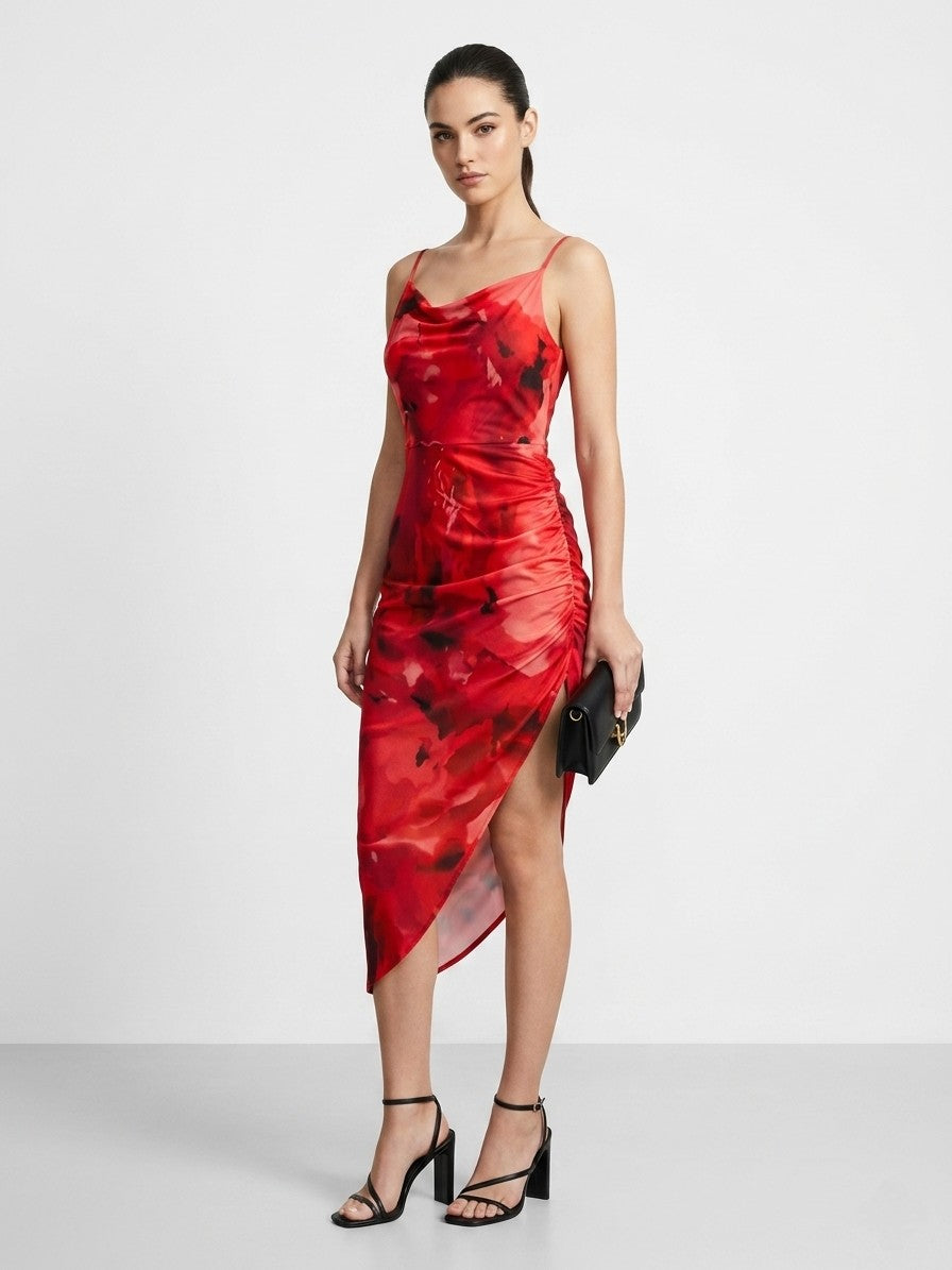 Red Satin Ruched Midi Dress with Side Slit One Piece