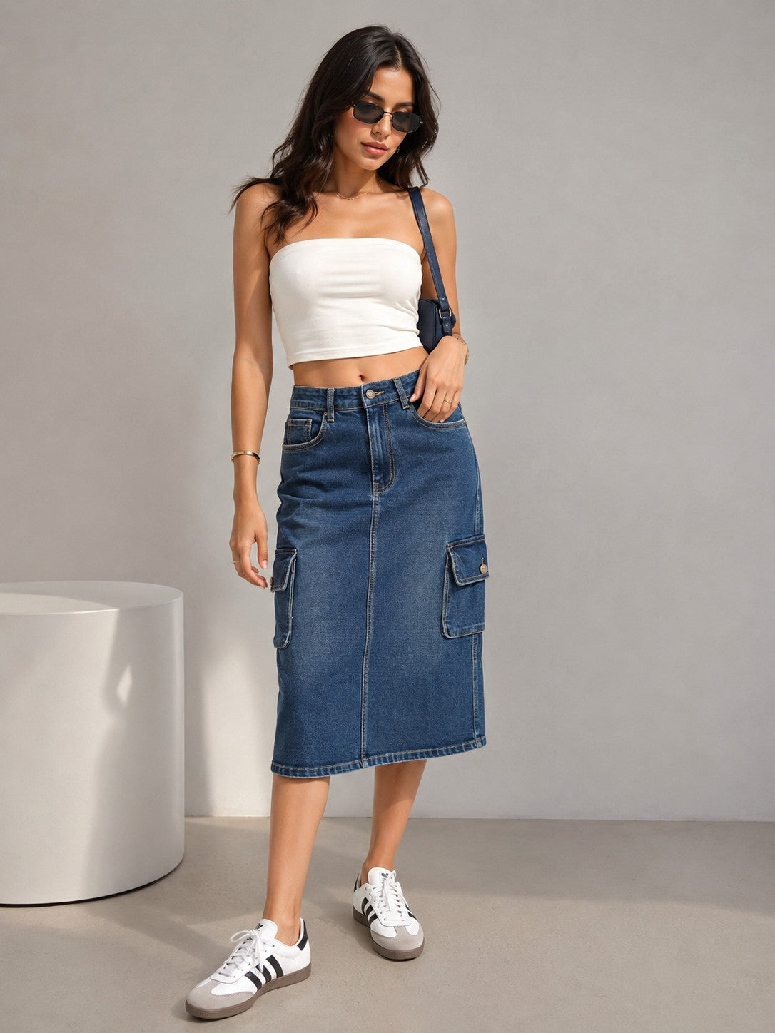 Women's Blue Denim Cargo Midi Skirt with Utility Pockets