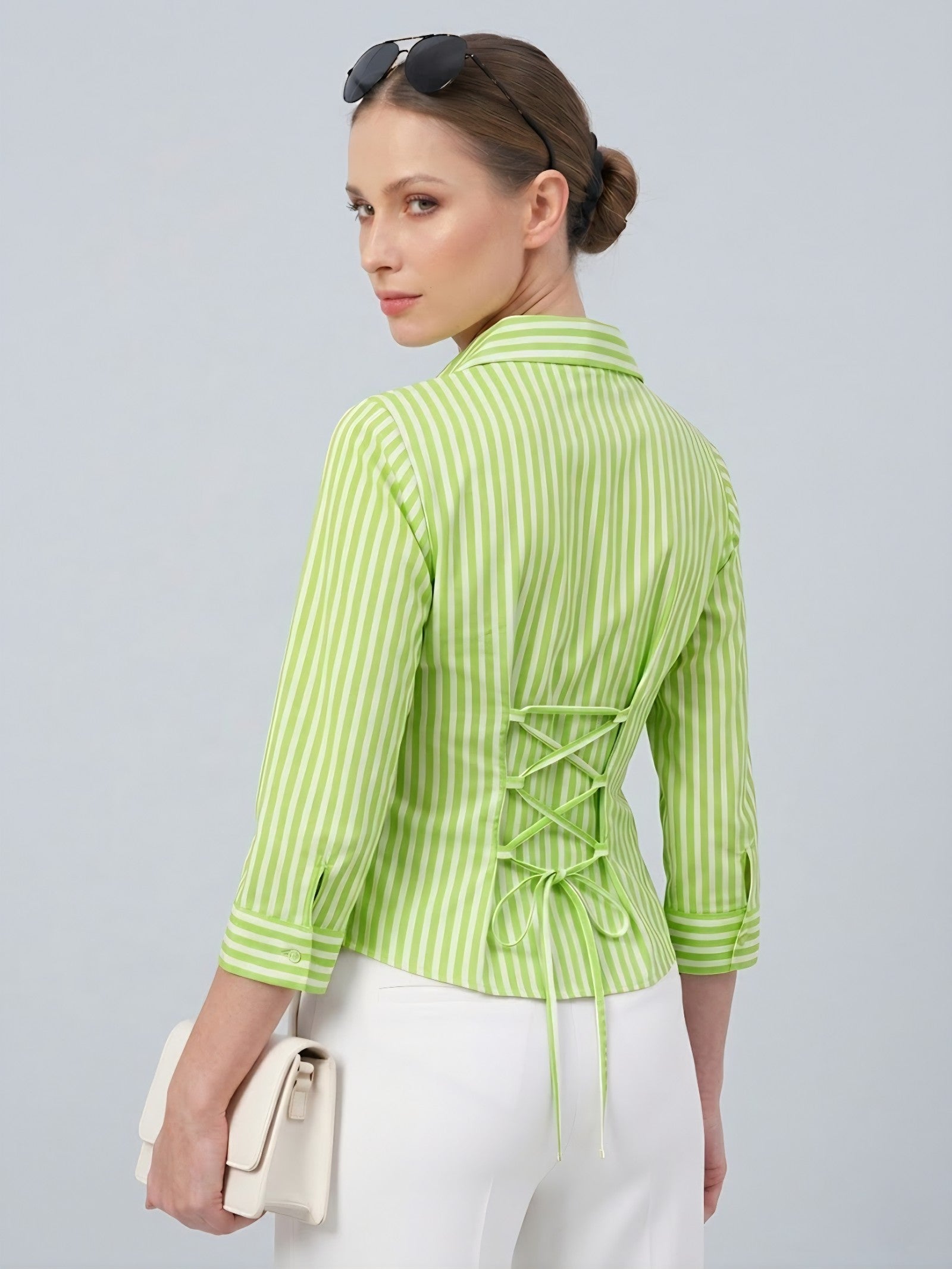 Lime Green Striped Corset-Back Blouse Shirt