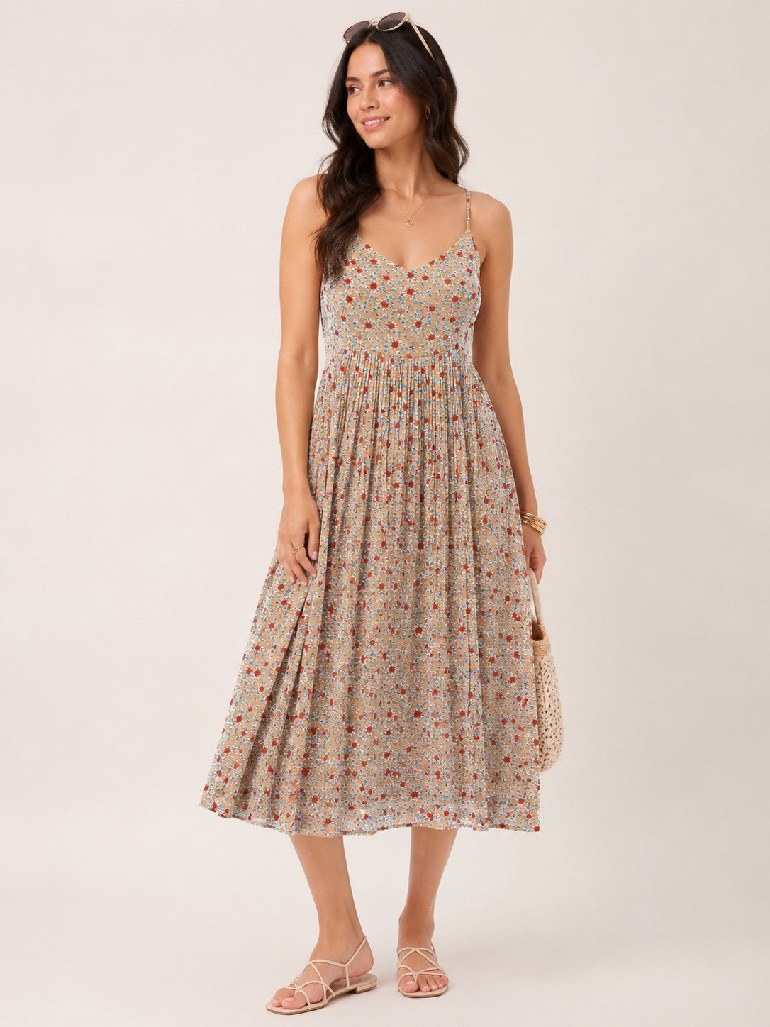 Women Beige Ditsy Floral Print Sleeveless Pleated Midi Dress