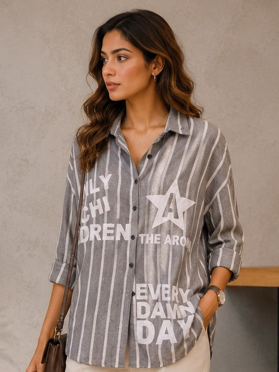 Women's Grey Striped Graphic Print Casual Shirt