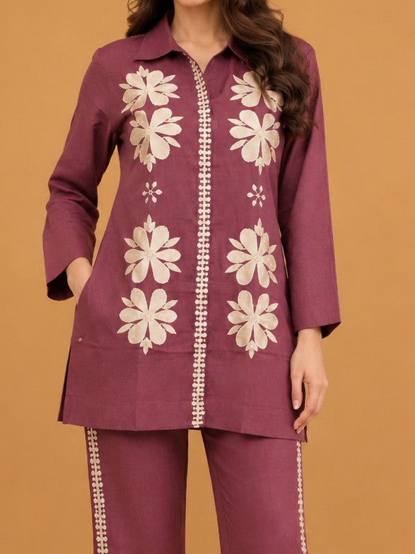 Women's Wine Floral Embroidered Premium Co-ord Set