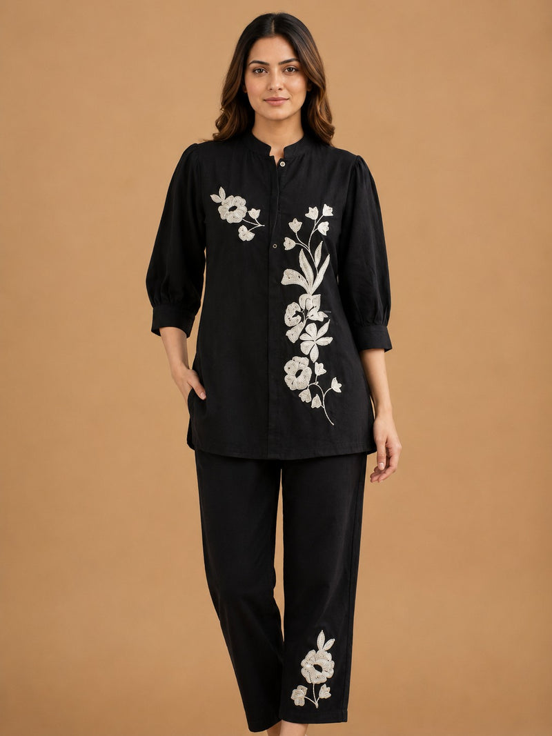Women's Black Floral Embroidered Cordset