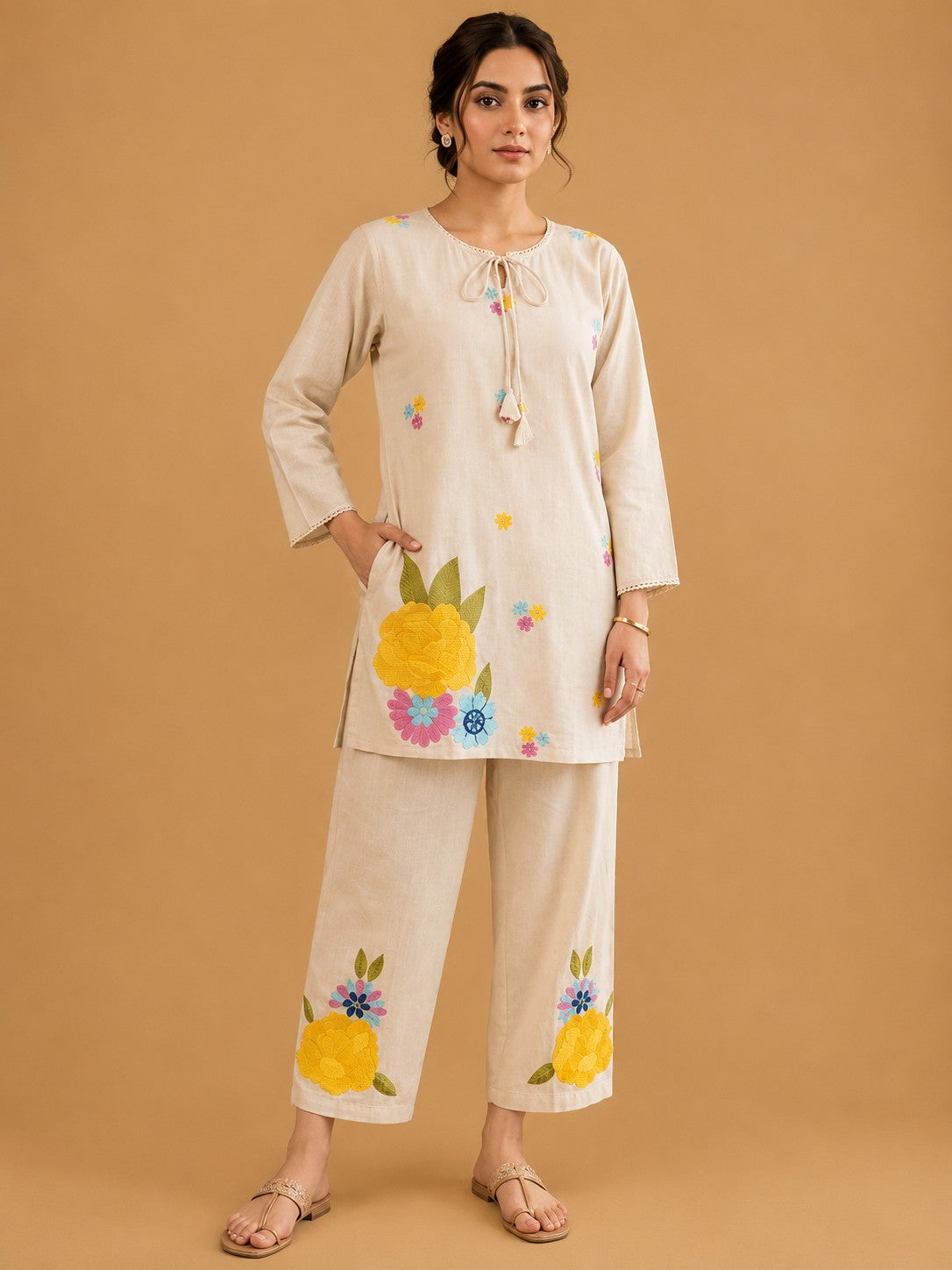 Women's Beige Floral Printed Cordset
