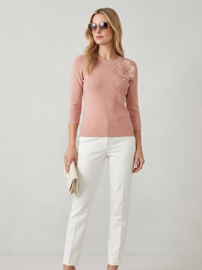 Women’s Blush Pink Floral Appliqué Knit Top – Elegant Round Neck Sweater