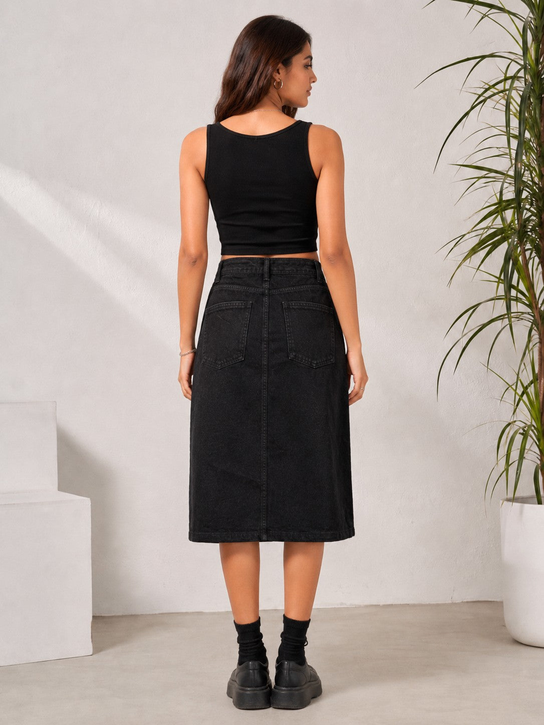 Women's Washed Black Denim A-Line Midi Skirt
