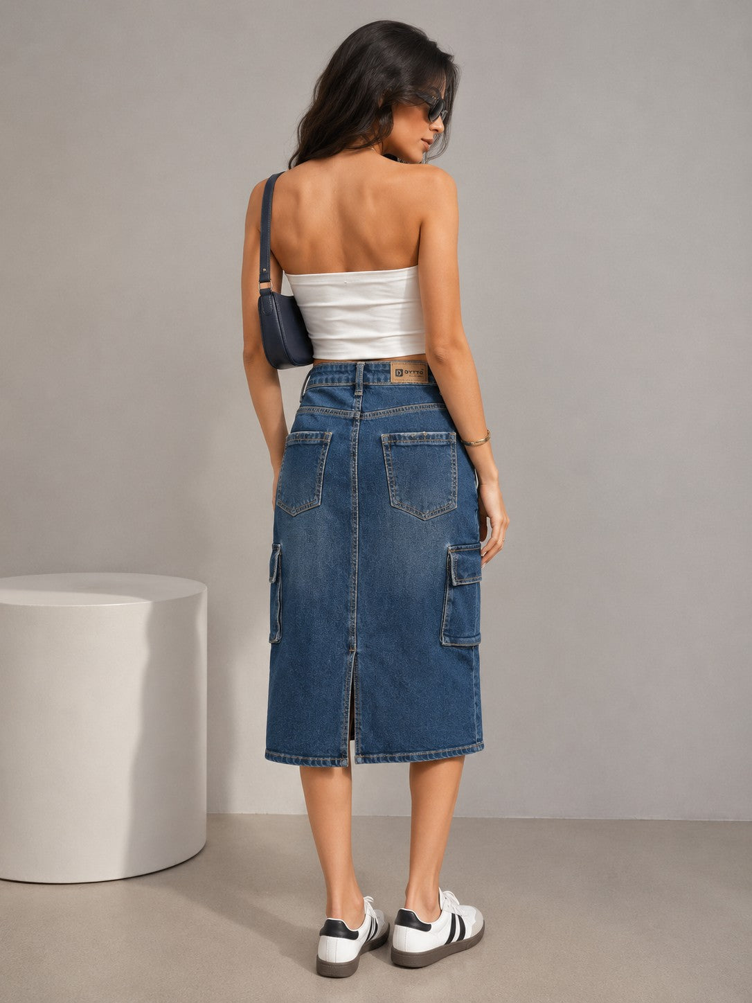 Women's Blue Denim Cargo Midi Skirt with Utility Pockets