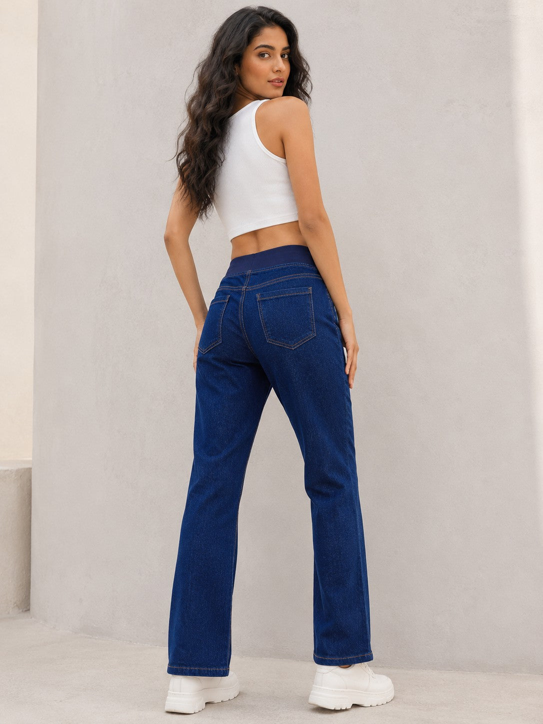 Women's Elastic High-Waist Comfort Jegging Jeans in Dark Indigo Blue