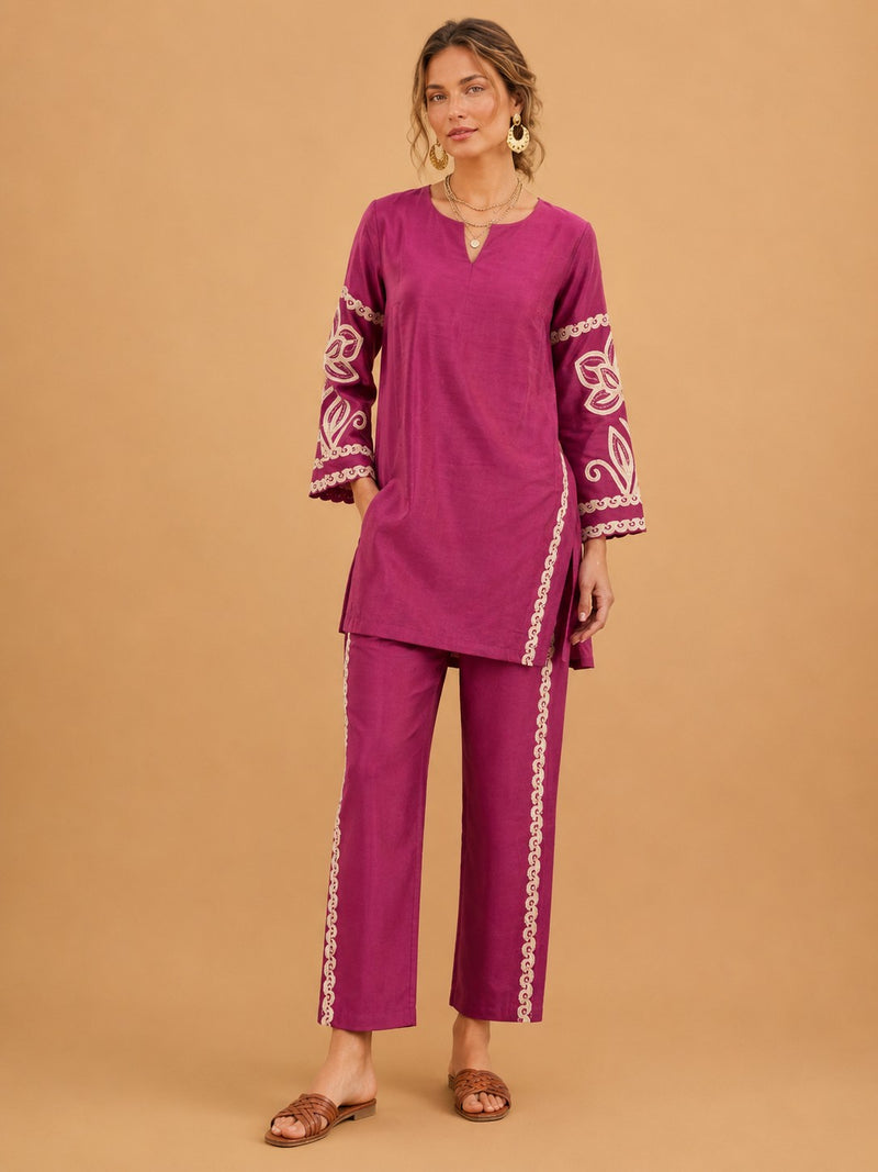 Women's Magenta Embroidered Premium Co-ord Set
