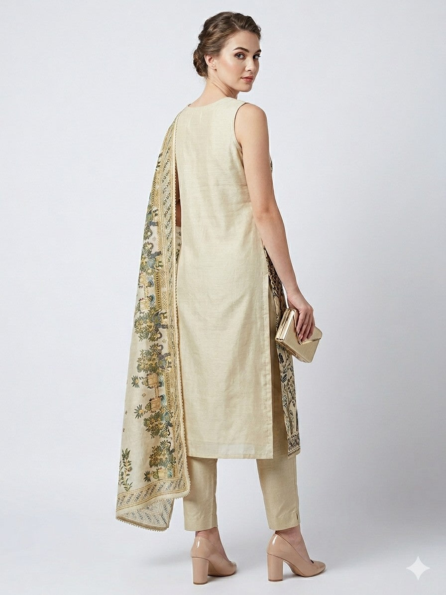 Elegant Beige Silk Blend Embroidered Kurta Set with Printed Dupatta