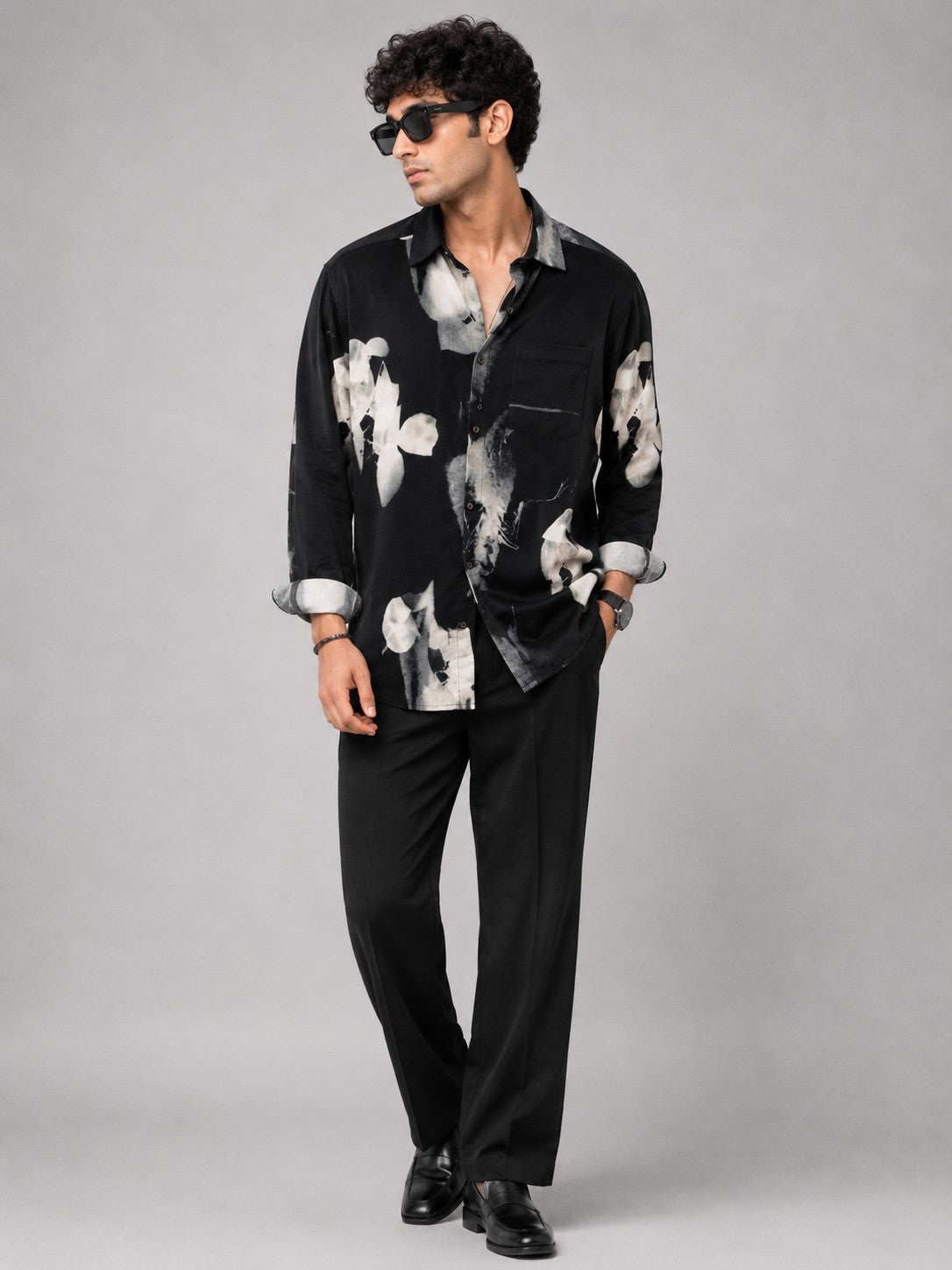 Men's Black Abstract Print Casual Shirt