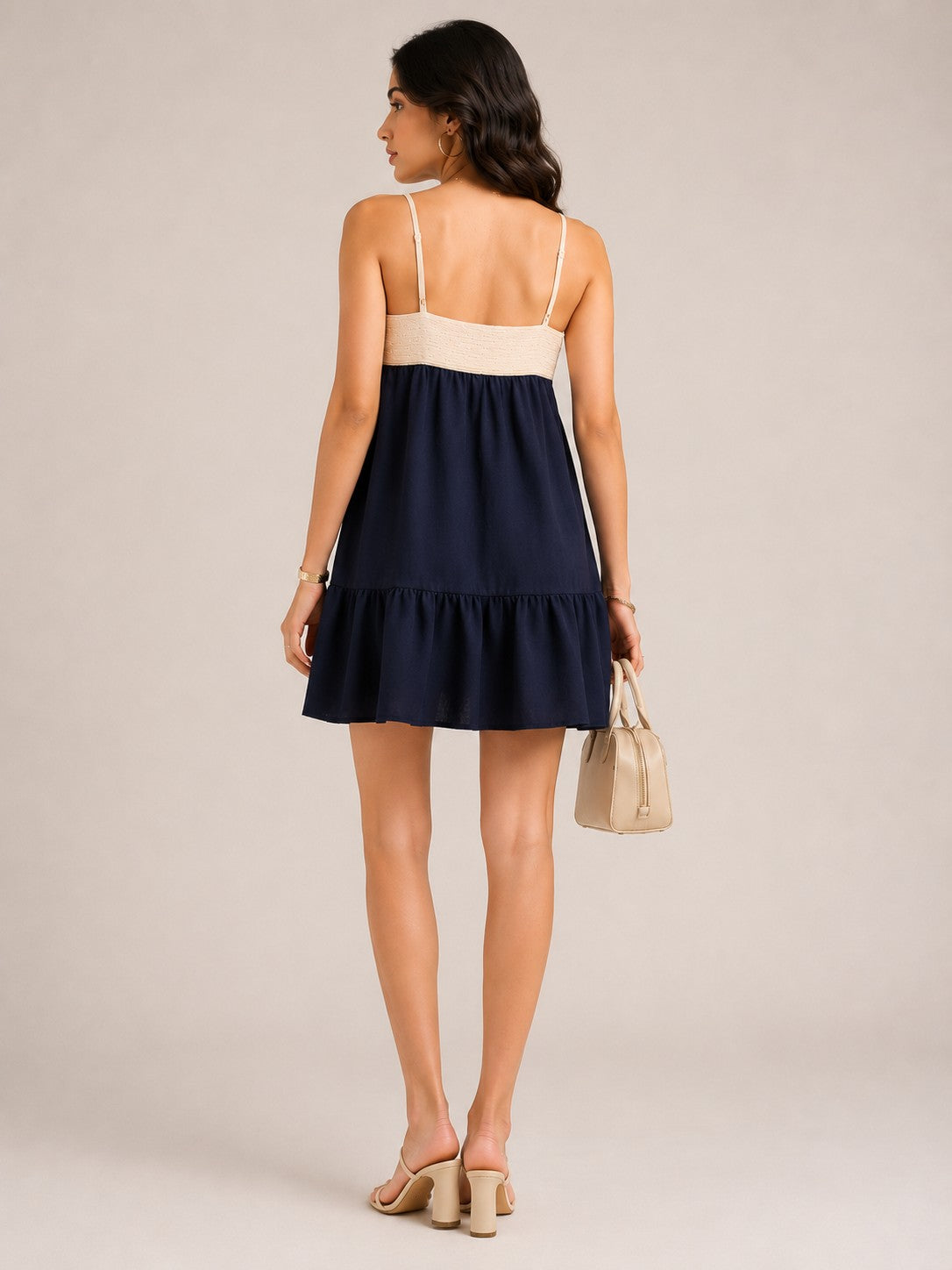 Navy Blue and Cream Sleeveless Regular Fit A-Line Mini Dress with Embroidered Bodice