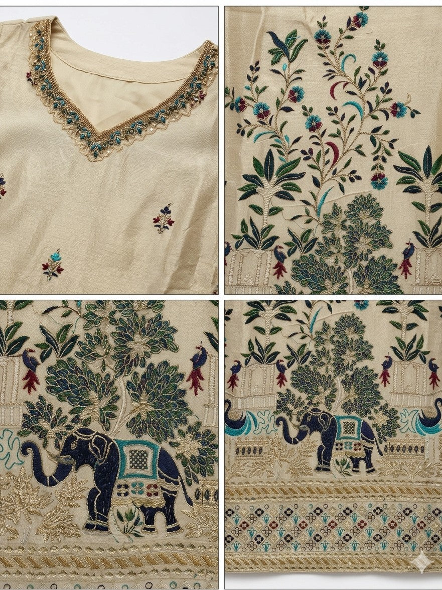 Elegant Beige Silk Blend Embroidered Kurta Set with Printed Dupatta