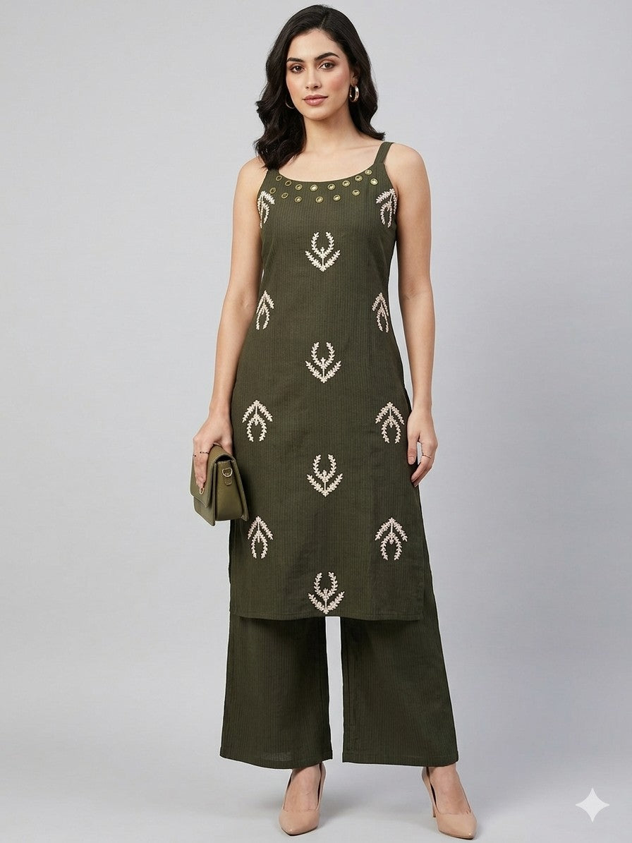 Women's Olive Green Embroidered Kurta with Palazzo Pants Co-Ord Set – Sleeveless Ethnic Wear
