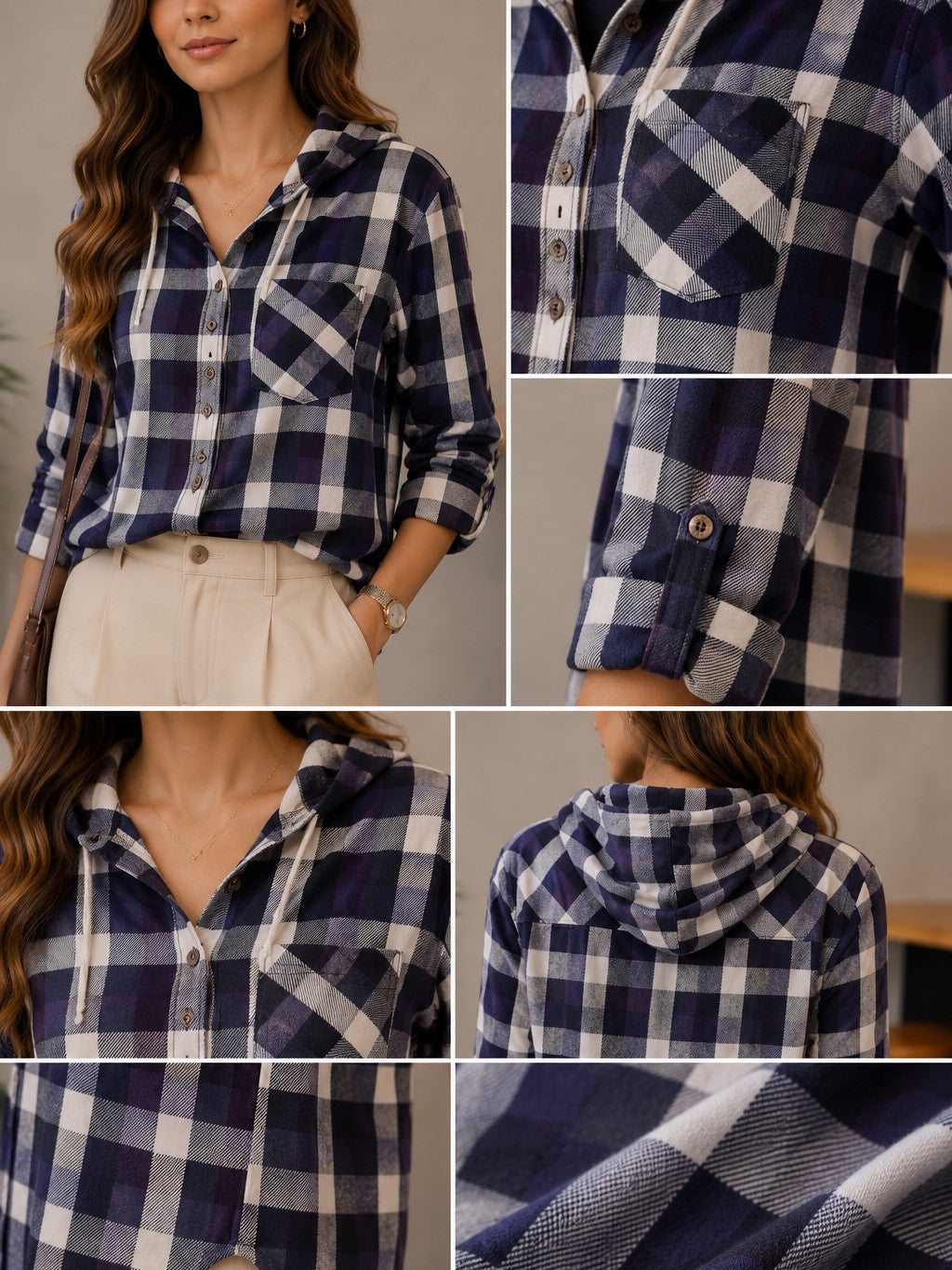 Navy Check Hooded Women’s Casual Shirt