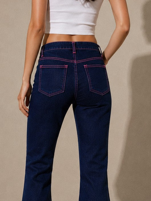 Women's Dark Blue Flared Jeans with Contrast Stitching
