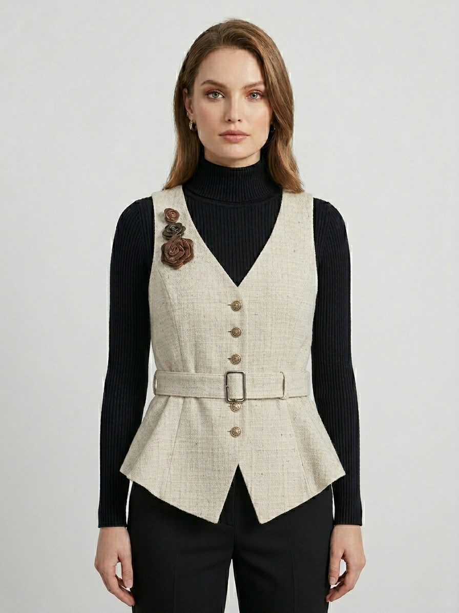Women's Beige Textured Belted Peplum Waistcoat Vest
