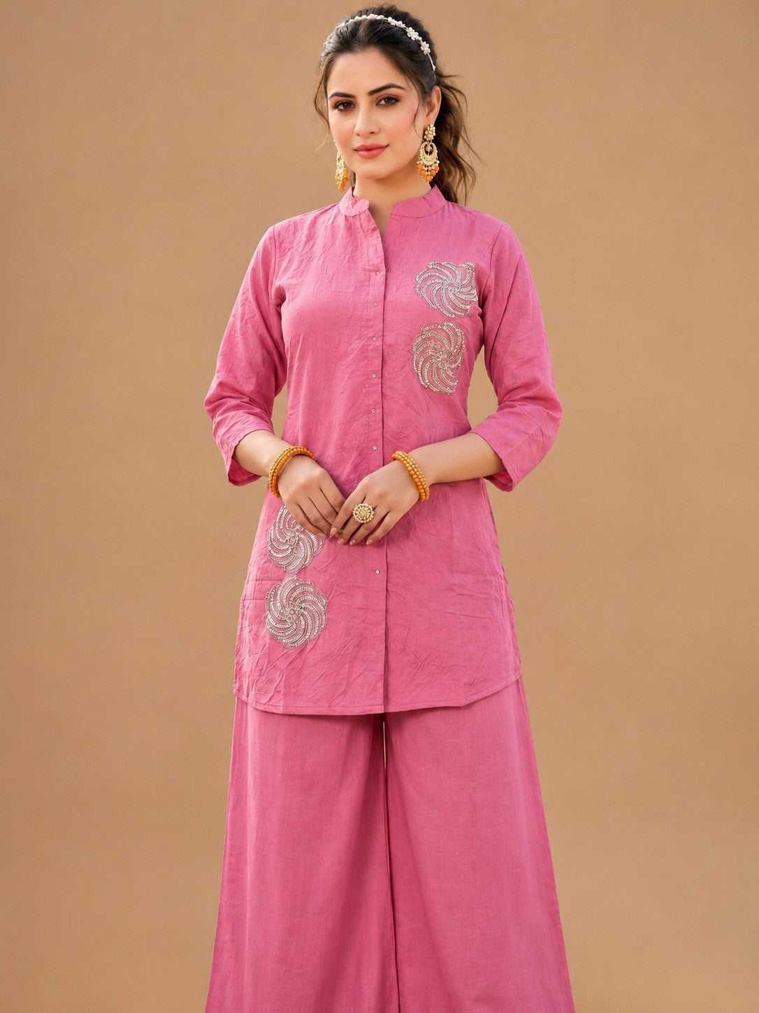 Women's Rose Pink Embroidered Premium Co-ord Set