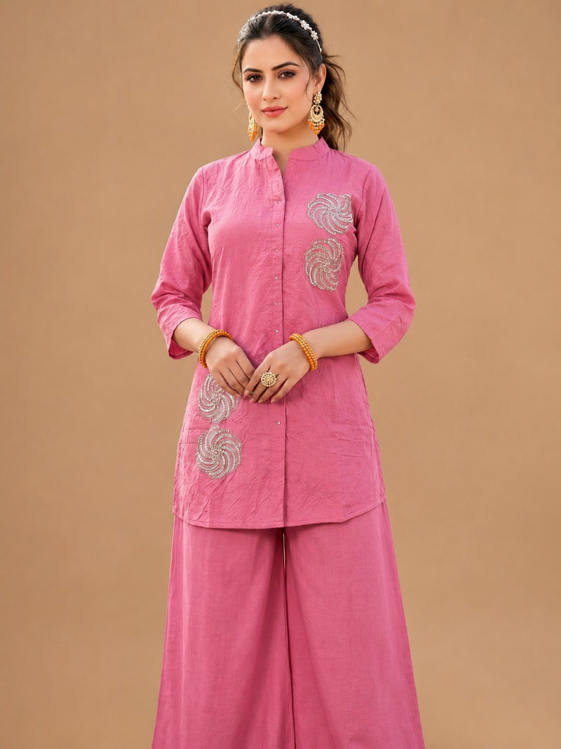 Women's Rose Pink Embroidered Premium Co-ord Set
