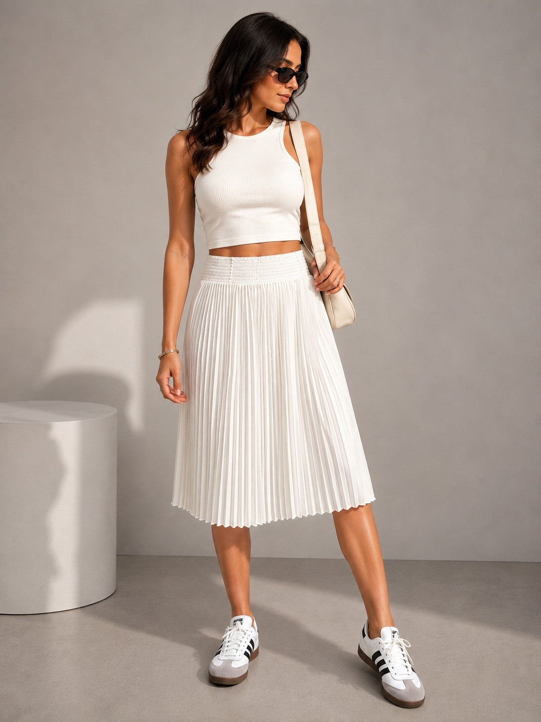 Women's Elegant White Pleated Midi Skirt – High Waist Flowy Casual Summer Skirt