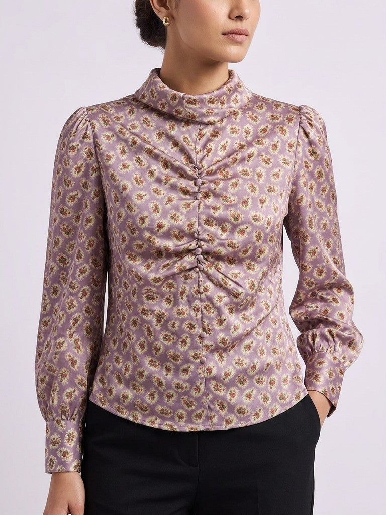 Floral Print High-Neck Ruched Blouse Top
