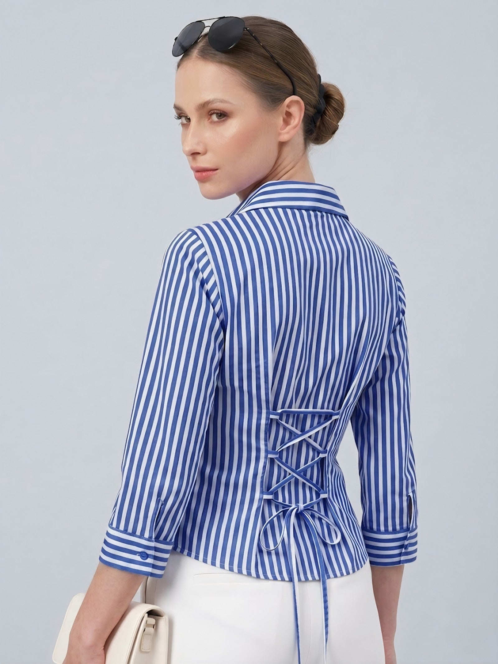 Blue Striped Corset-Back Blouse Shirt