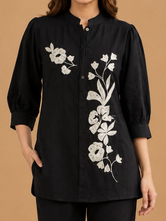 Women's Black Floral Embroidered Cordset