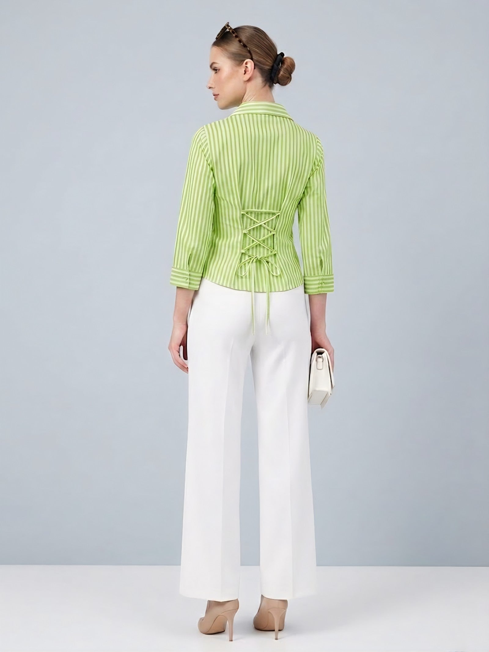 Lime Green Striped Corset-Back Blouse Shirt
